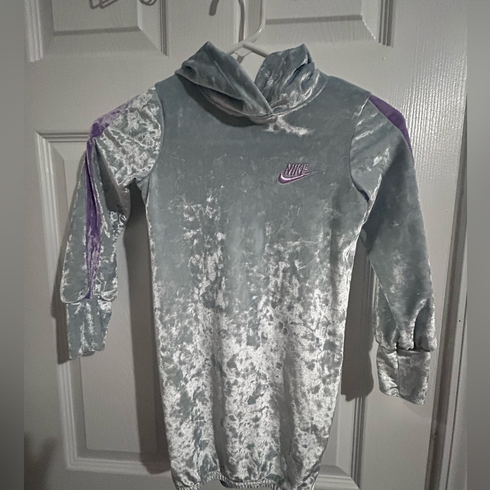 Nike Girls' Velour Hooded Dress in Silver with Purple Accents